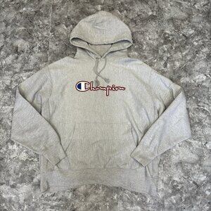 Champion Hoodie Mens XL Gray Spell Out Pullover Fleece Logo Reverse Weave